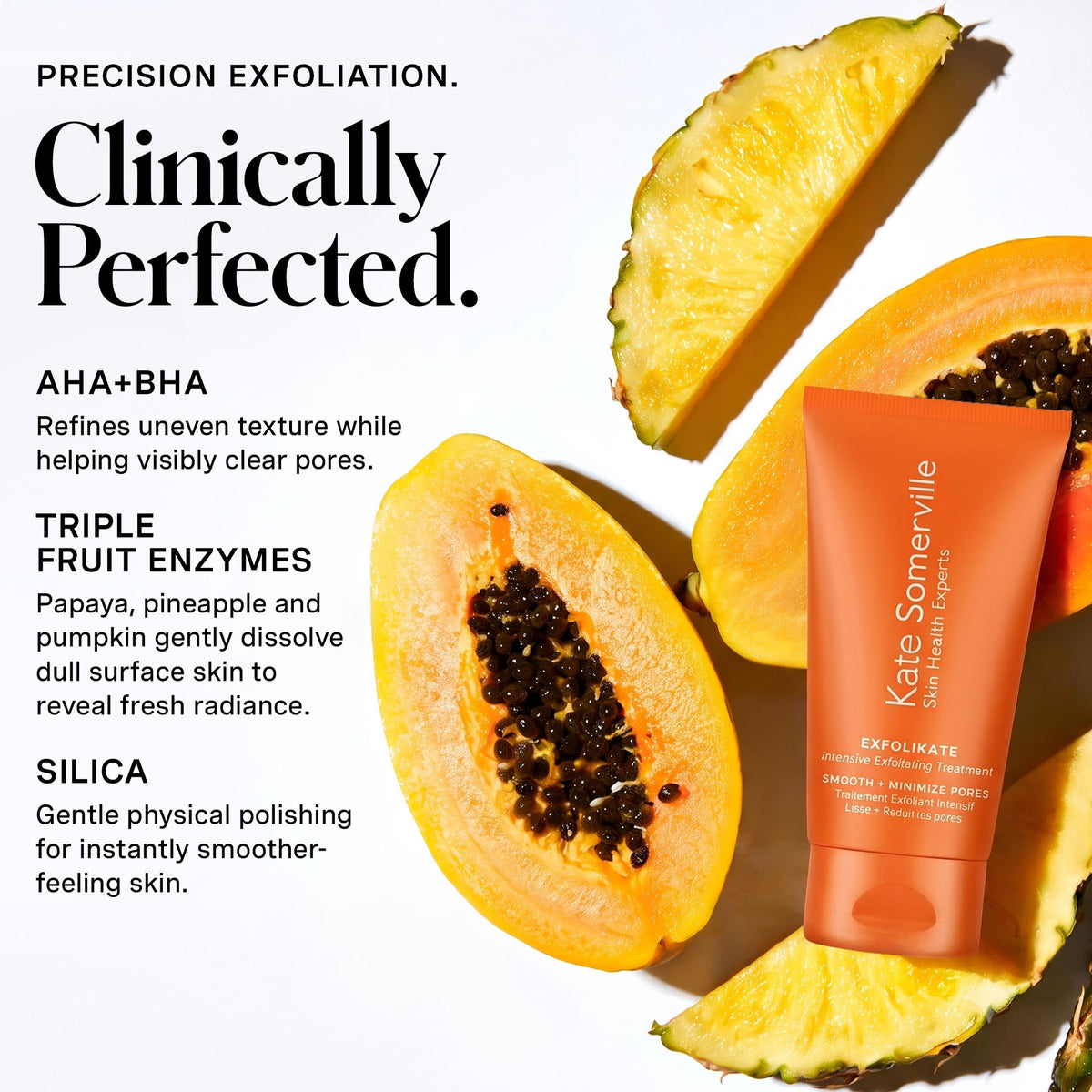 ExfoliKate Intensive ingredients: AHA + BHA, papaya, pineapple and pumpkin enzymes, and silica for gentle polishing